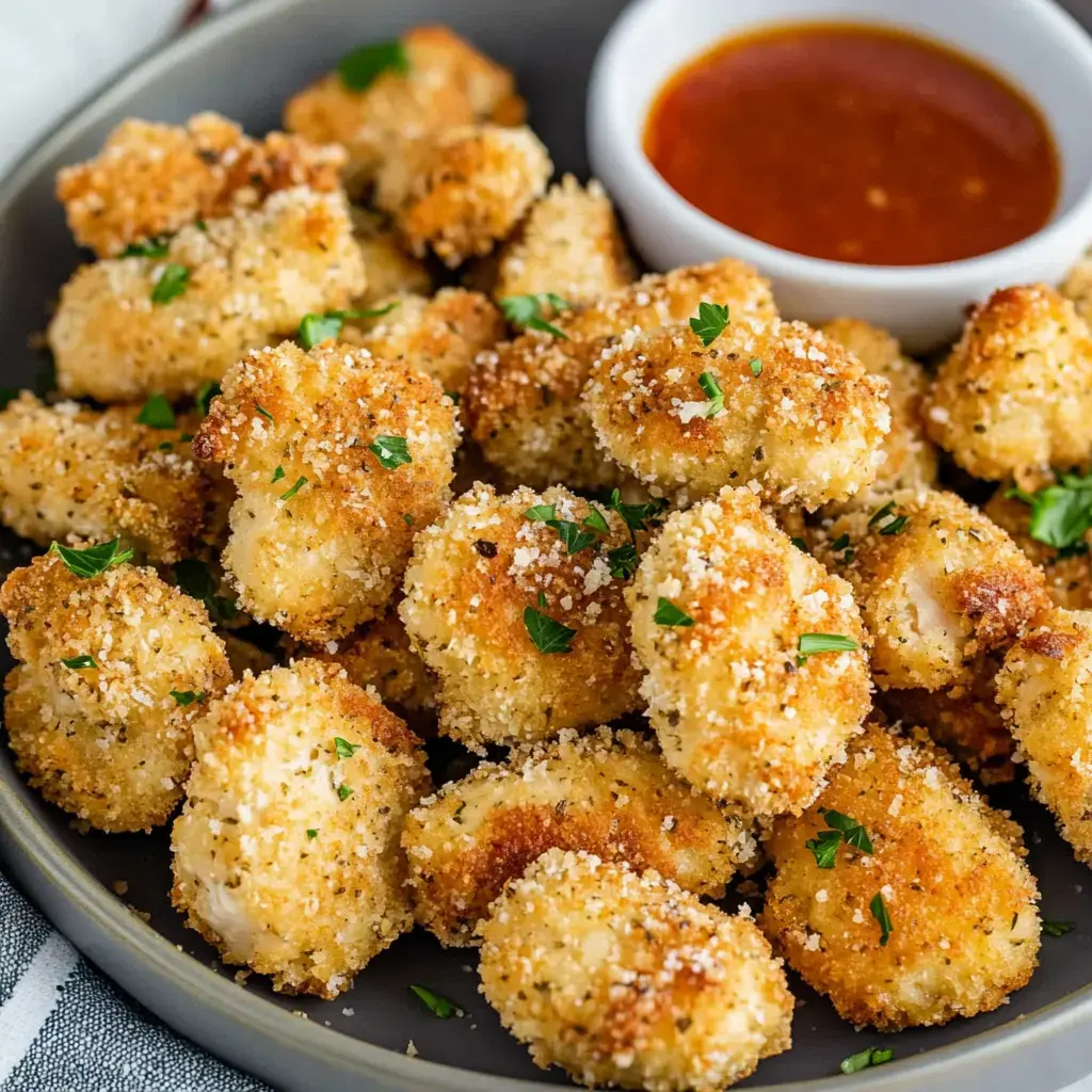 A plate of crispy, golden-brown breaded chicken bites garnished with parsley, accompanied by a small bowl of dipping sauce.