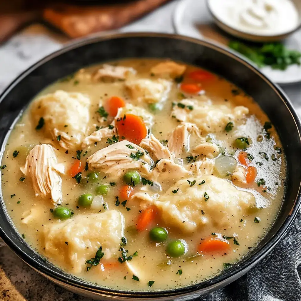 A bowl of chicken and dumpling soup with shredded chicken, carrots, peas, and fluffy dumplings in a creamy broth, garnished with parsley.