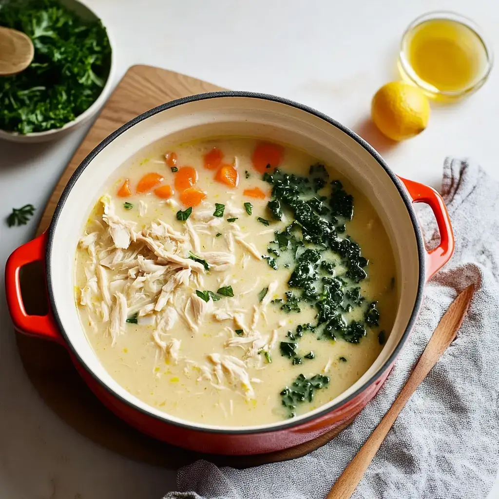 A vibrant bowl of chicken soup featuring shredded chicken, carrots, kale, and herbs, accompanied by a lemon and olive oil on the side.