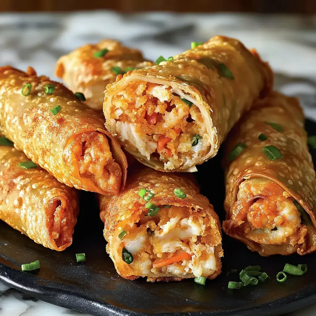 A close-up of crispy, rolled appetizers filled with colorful vegetables, served on a black plate and garnished with chopped green onions.