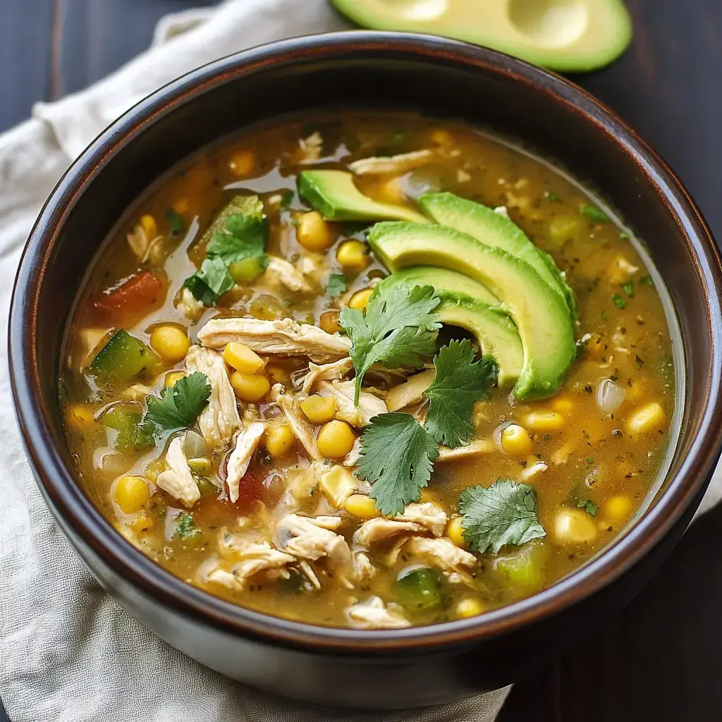 A bowl of chicken soup featuring corn, diced tomatoes, green peppers, and garnished with avocado slices and fresh cilantro.