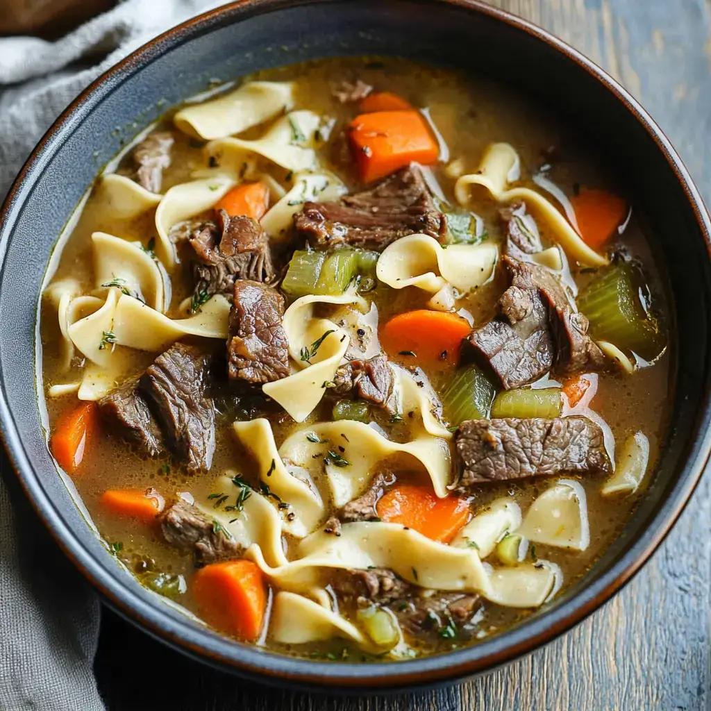 A bowl of hearty beef noodle soup containing chunks of beef, carrots, celery, and wide noodles in a savory broth.