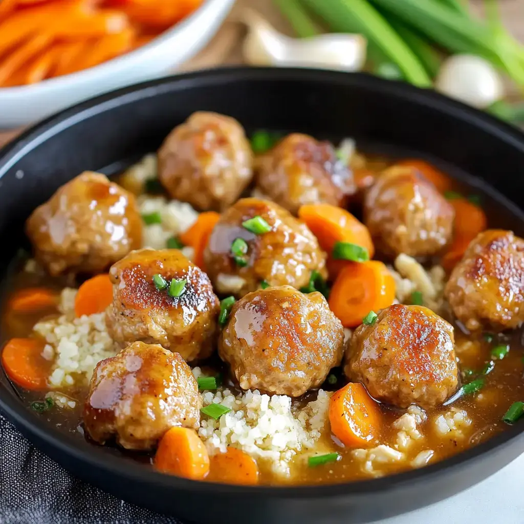 A bowl of meatballs in a savory sauce is served with sliced carrots and garnished with green onions over a bed of grains.