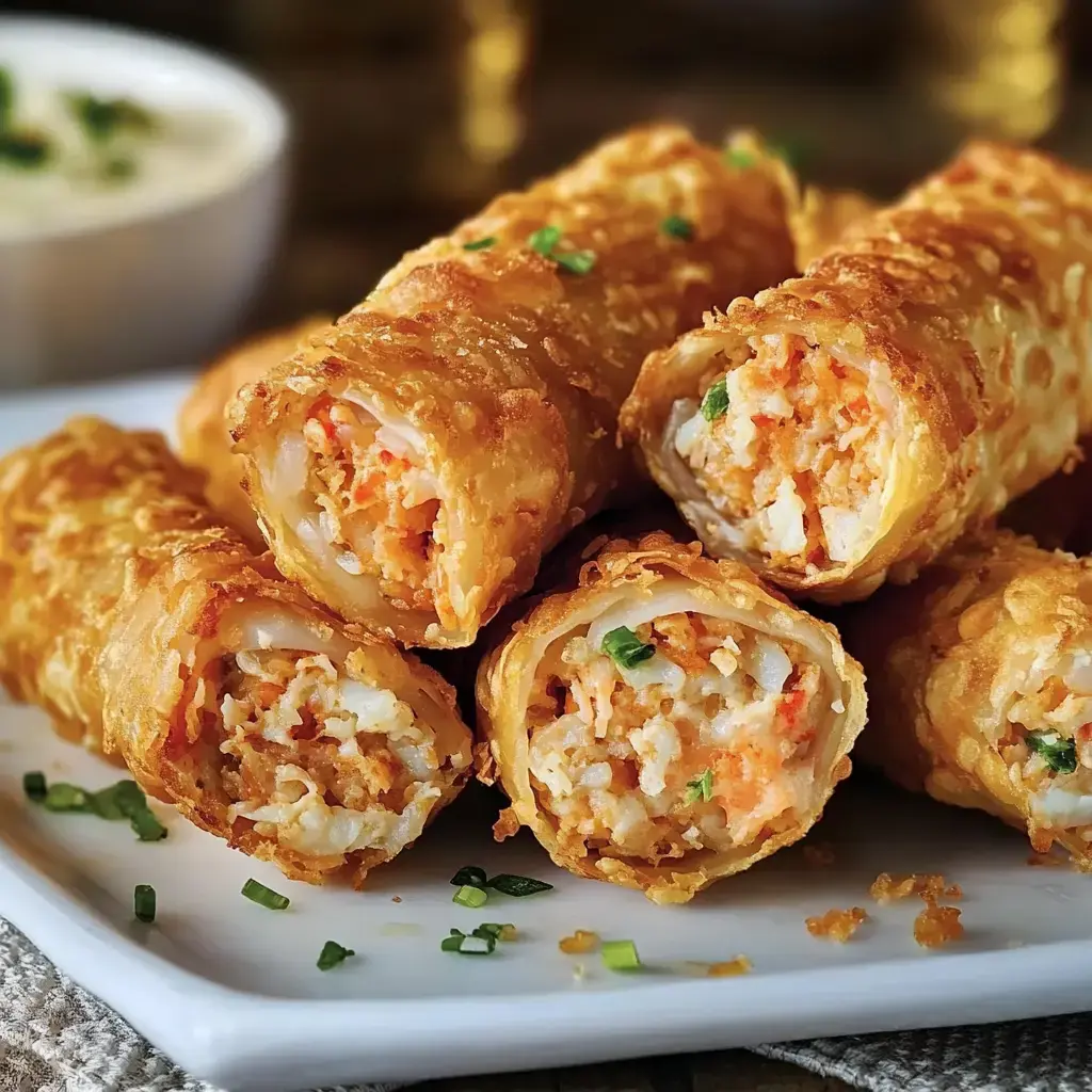 A plate of crispy, golden-brown spring rolls filled with a mixture of rice and vegetables, garnished with chopped green onions, alongside a small bowl of dipping sauce.