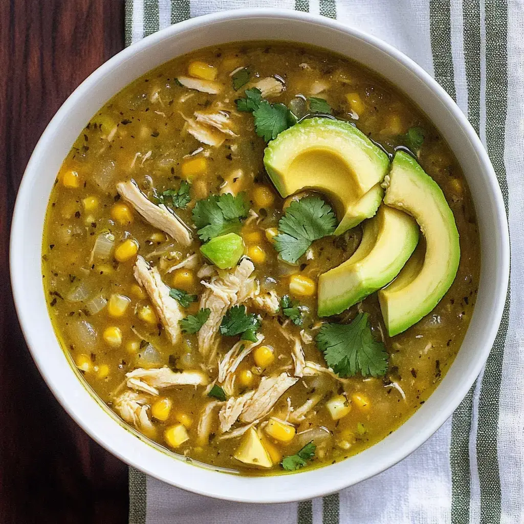 A bowl of chicken and corn soup topped with avocado slices and fresh cilantro.