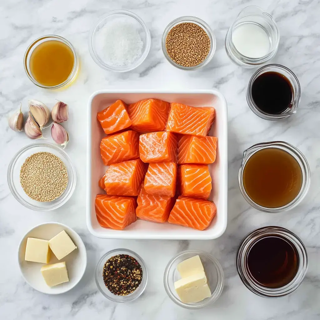 A collection of ingredients for a recipe, including cubed salmon, garlic, sesame seeds, various sauces, oils, and butter, arranged on a marble surface.