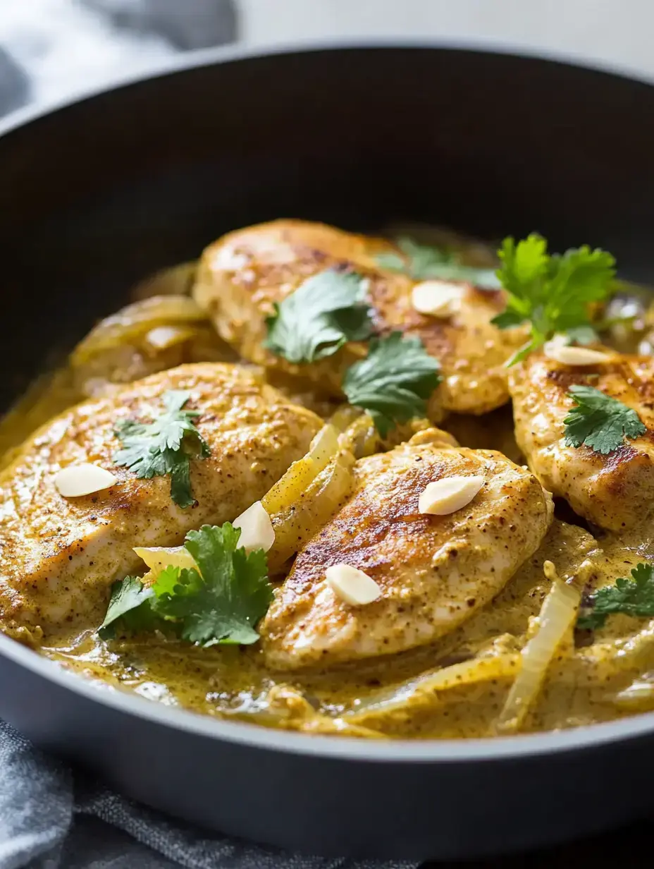 A close-up of a dark bowl containing grilled chicken breasts in a creamy sauce, garnished with fresh cilantro and almond slices.