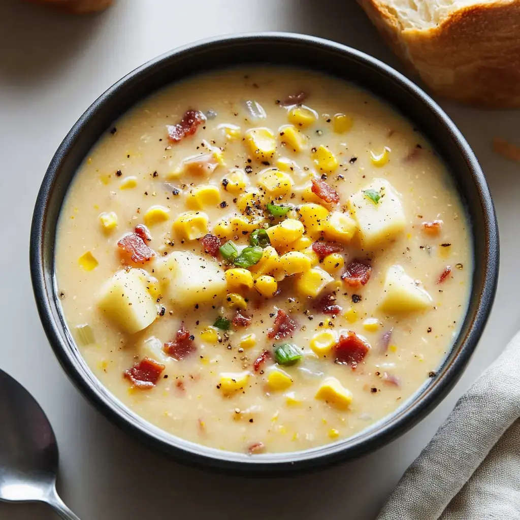 A bowl of creamy corn chowder topped with corn, potatoes, bacon, and black pepper, accompanied by a piece of bread.