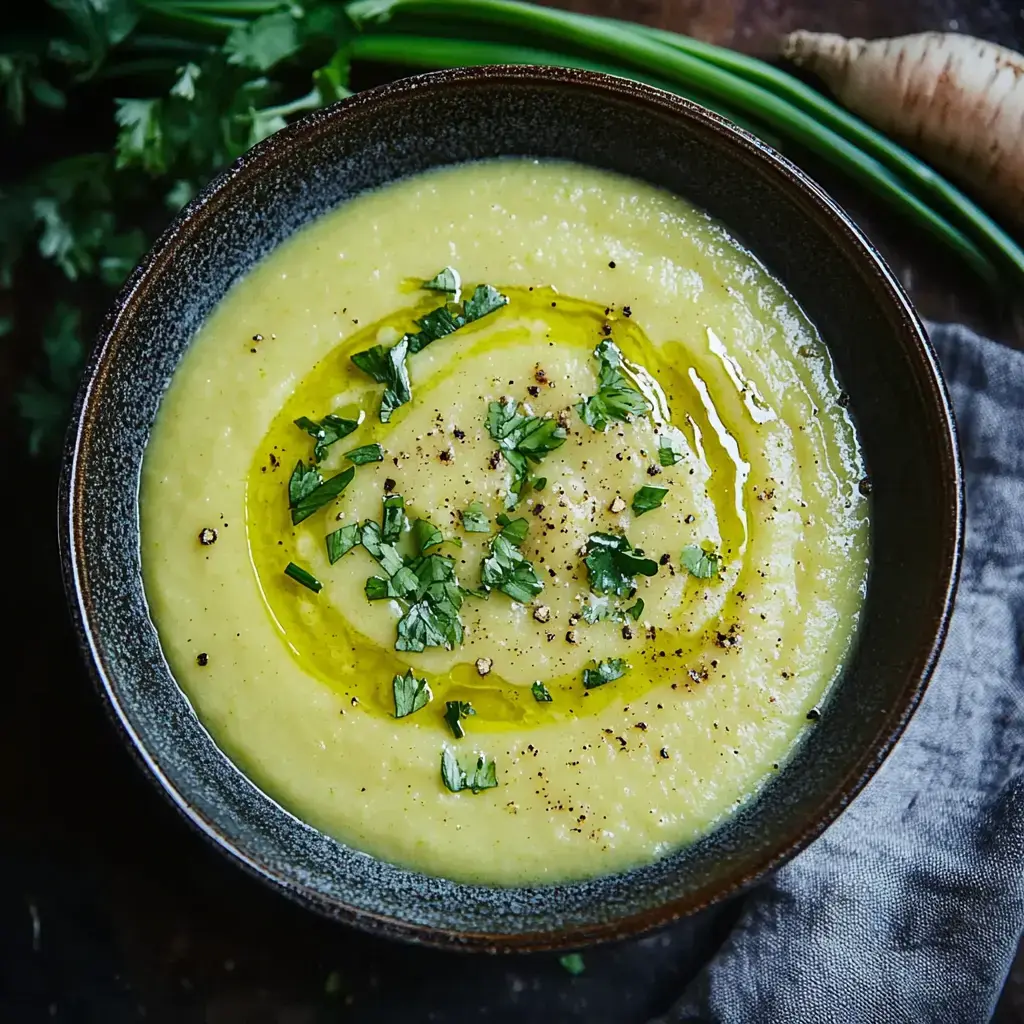 A bowl of smooth green soup topped with olive oil, chopped herbs, and black pepper, surrounded by fresh vegetables.