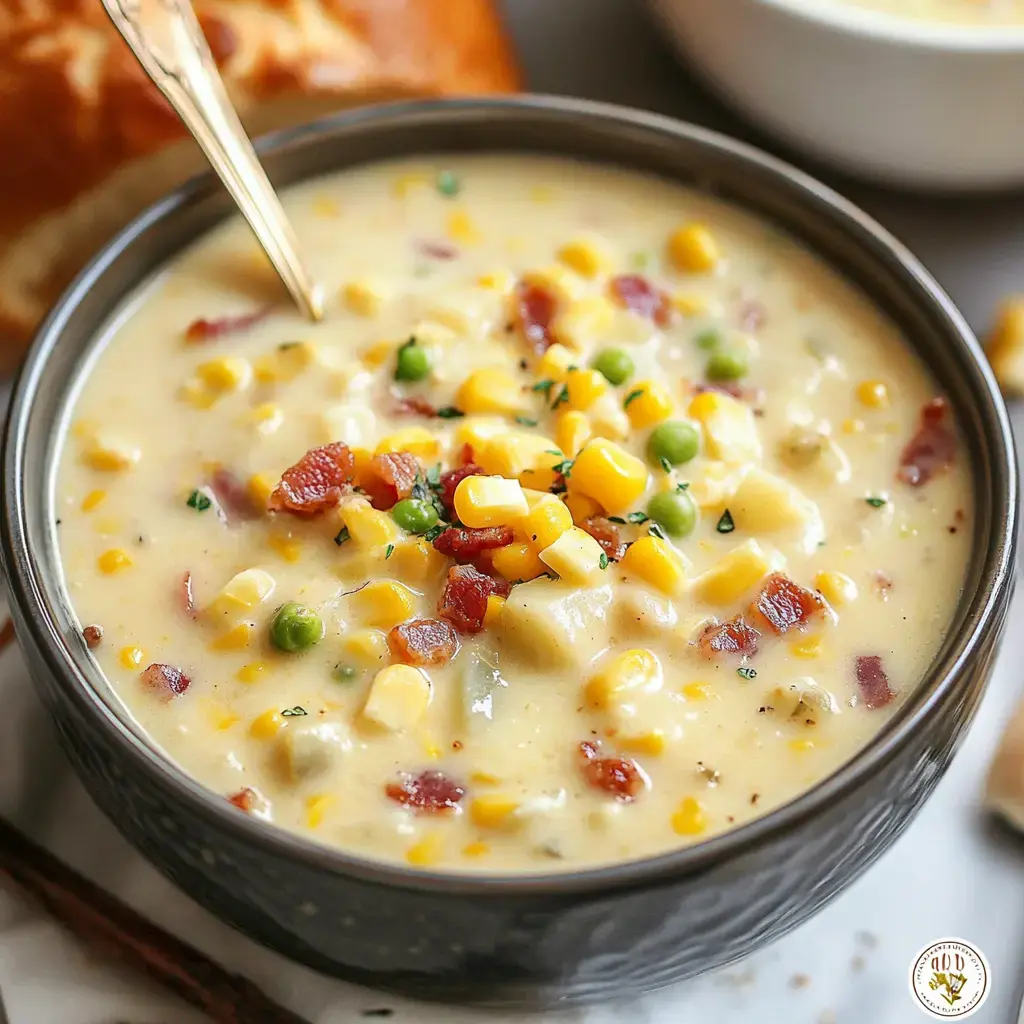 A bowl of creamy corn chowder topped with bits of bacon, corn, peas, and herbs, with a piece of bread in the background.