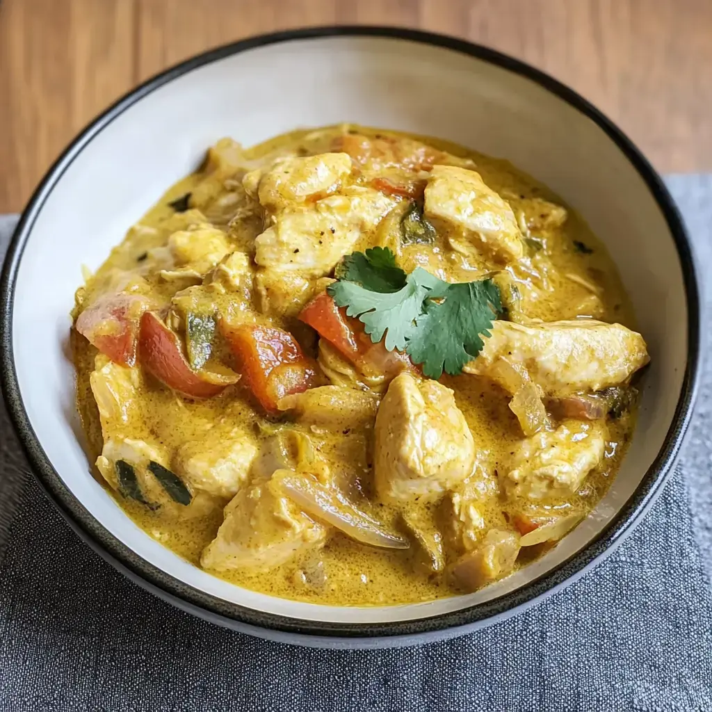 A bowl of creamy chicken curry garnished with fresh cilantro, featuring chunks of chicken, tomatoes, and spices.