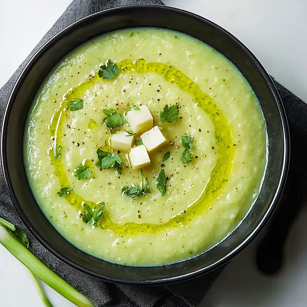 A black bowl of green soup garnished with olive oil, fresh herbs, and small cubes of cheese, served on a dark napkin.