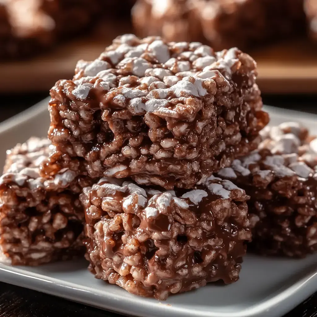 A close-up image of chocolate rice crispy treats dusted with powdered sugar on a white plate.