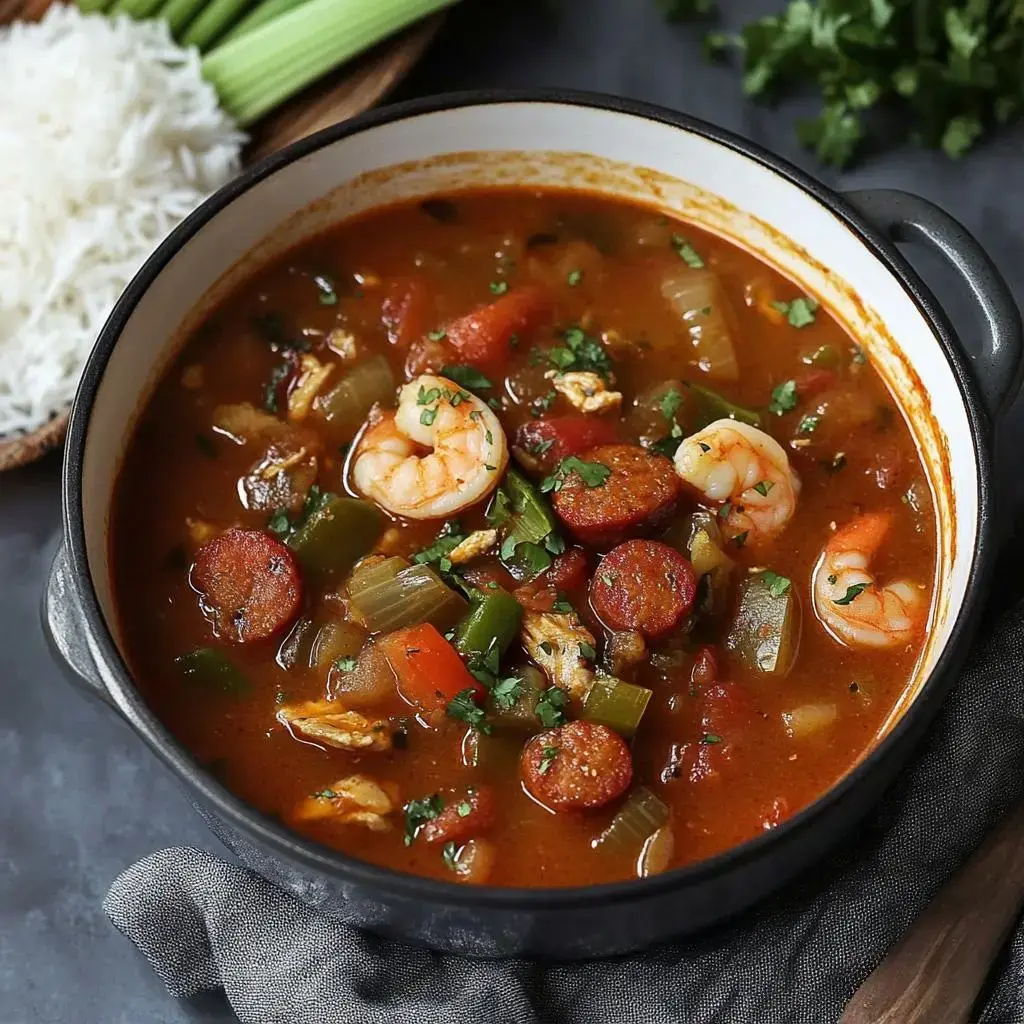 A bowl of shrimp and sausage gumbo garnished with herbs, alongside a serving of white rice and celery on the side.