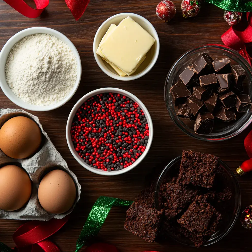 A flat lay of baking ingredients including eggs, flour, butter, chocolate chunks, red and black sprinkles, and brownies, surrounded by festive ribbons and ornaments.