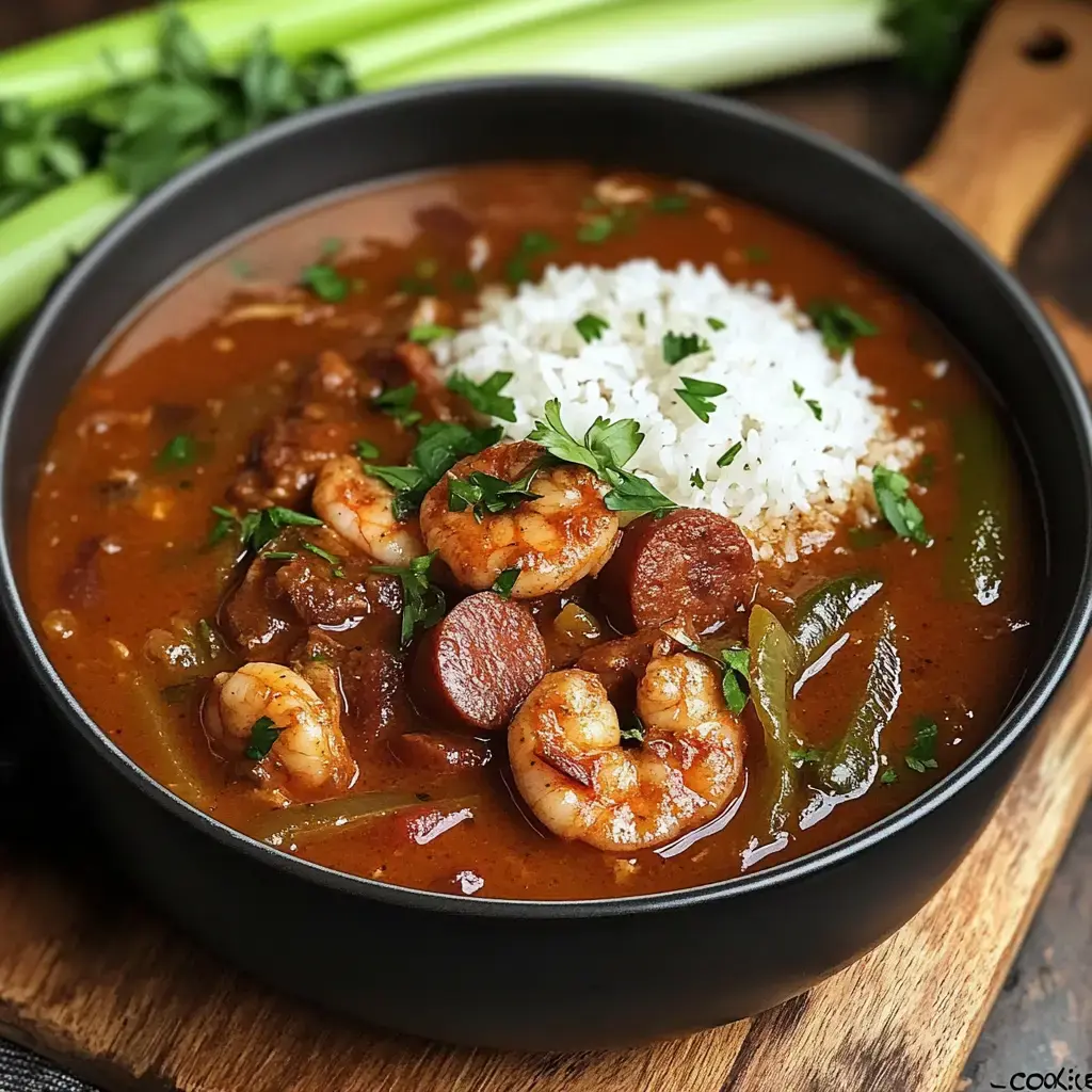 A close-up of a bowl of flavorful shrimp and sausage gumbo topped with rice and garnished with parsley, served on a wooden surface with celery in the background.