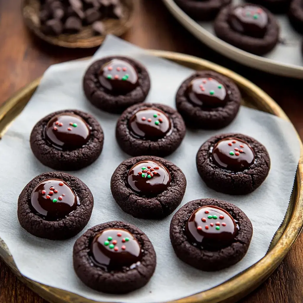 A plate of chocolate cookies with a glossy chocolate center and colorful sprinkles arranged on parchment paper.