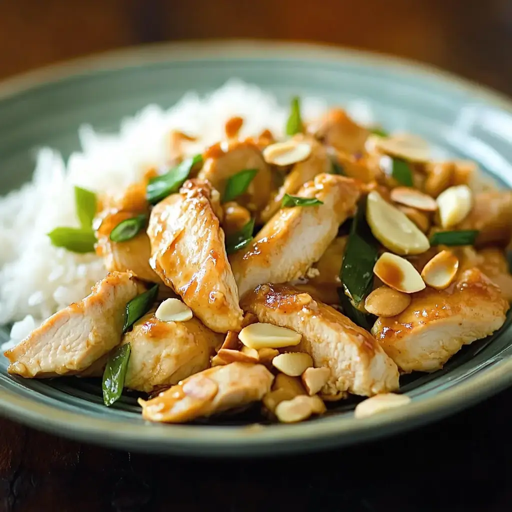 A plate of sliced chicken in a savory sauce topped with green onions and almonds, served alongside white rice.