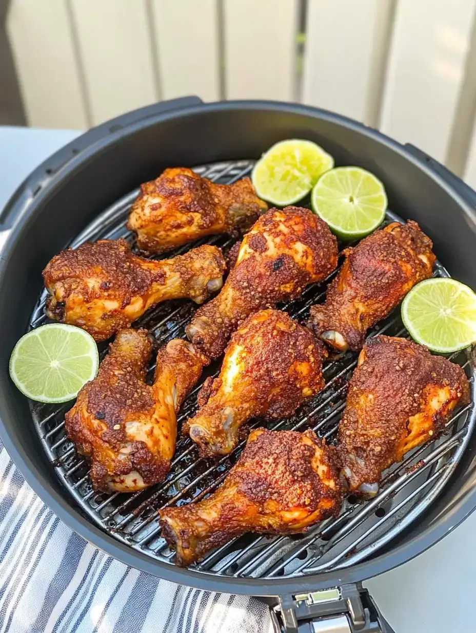 A skillet filled with seasoned chicken drumsticks and fresh lime halves.