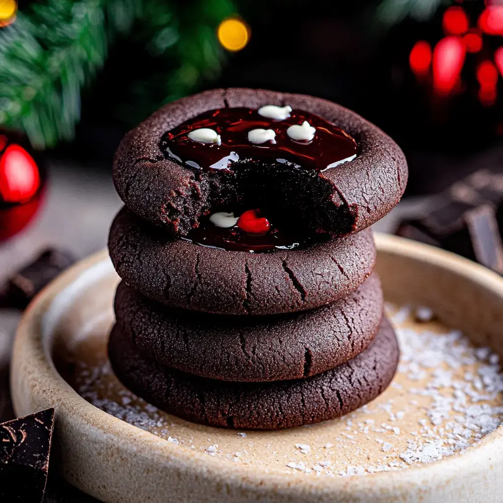 A stack of four chocolate cookies with a glossy red filling and decorative white and red toppings sits on a beige plate, surrounded by festive decorations.