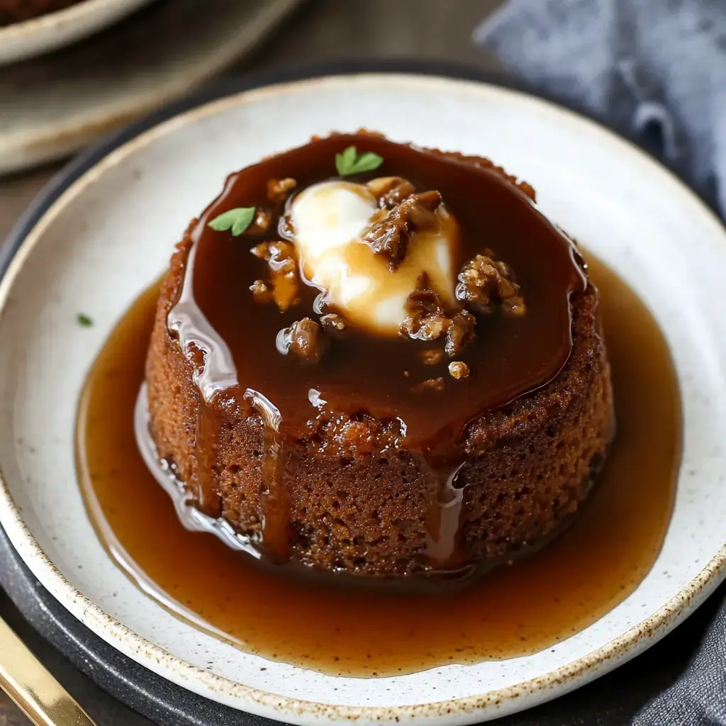 A moist chocolate cake topped with a glossy caramel sauce and crumbled toppings, served in a shallow dish.