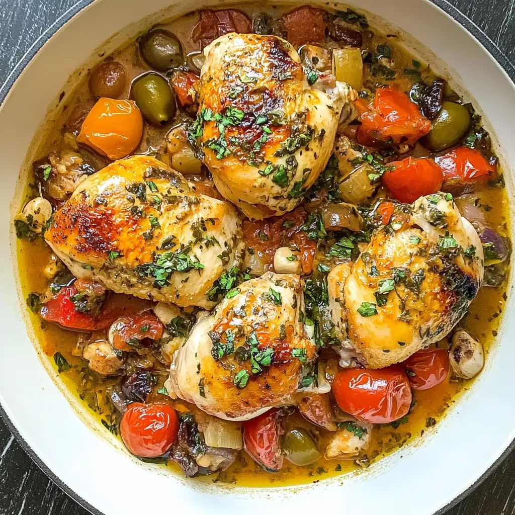 A dish featuring four golden-brown chicken thighs garnished with herbs, surrounded by colorful vegetables and olives in a savory sauce.