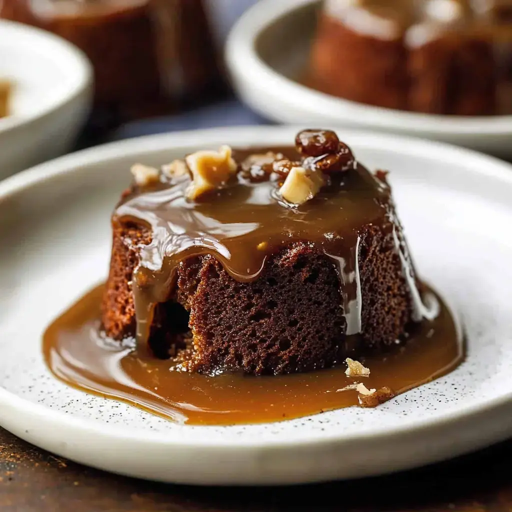 A moist chocolate dessert topped with glossy caramel sauce and chopped nuts on a white plate.