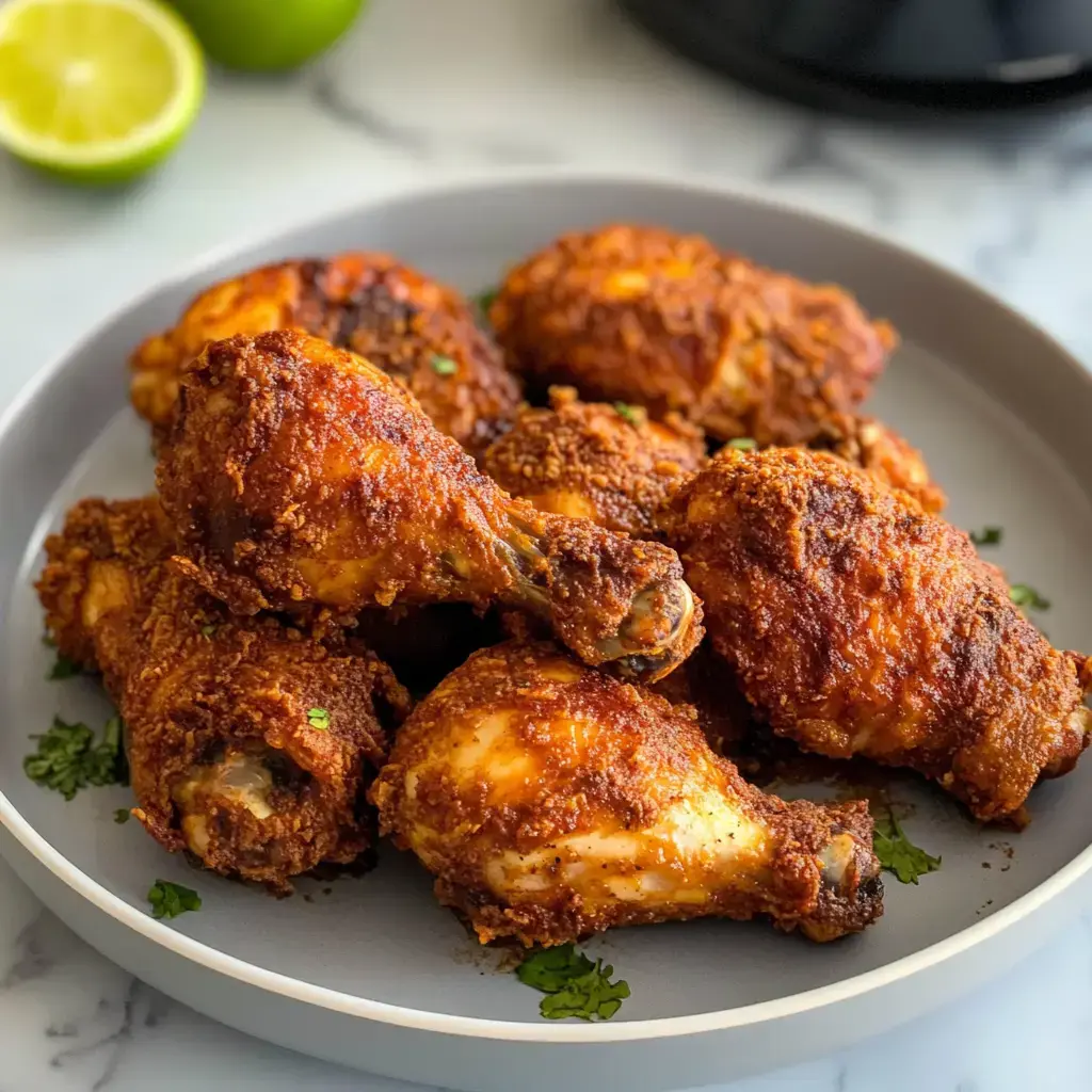 A plate of crispy, golden-brown fried chicken drumsticks garnished with parsley and lime halves in the background.