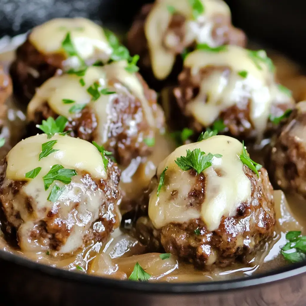 A close-up of delicious meatballs topped with melted cheese and garnished with parsley, served in a savory sauce.