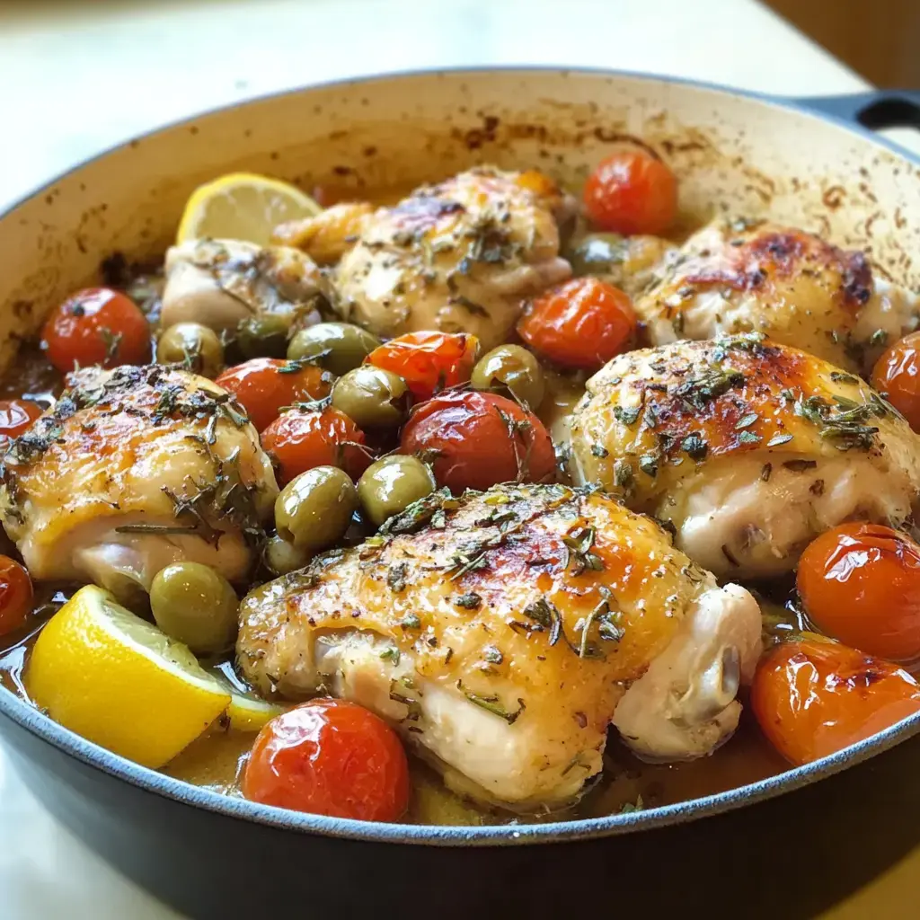 A skillet filled with roasted chicken thighs, cherry tomatoes, green olives, and lemon wedges, garnished with herbs.