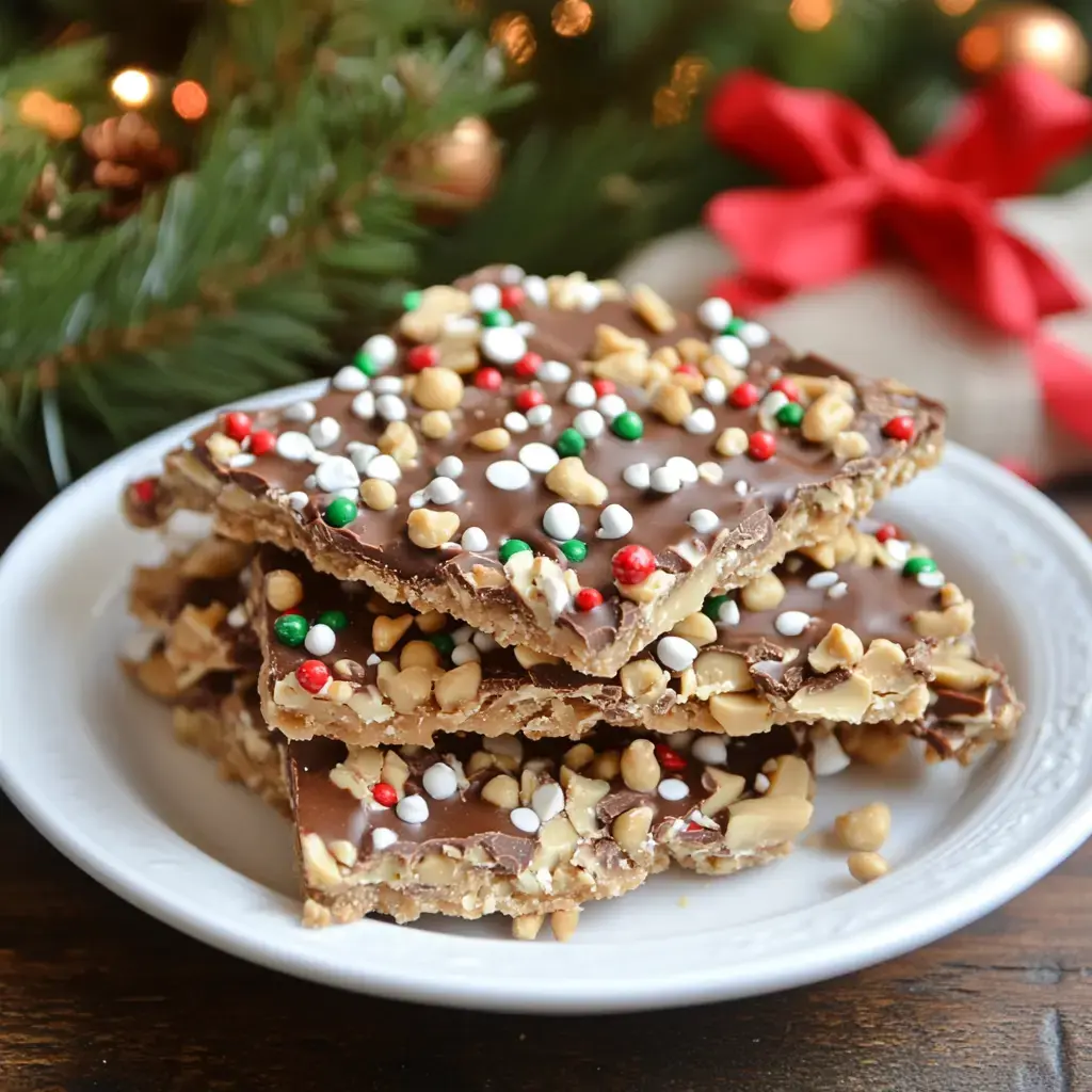 A plate of chocolate-covered toffee squares topped with colorful sprinkles and crushed nuts, set against a festive holiday background.