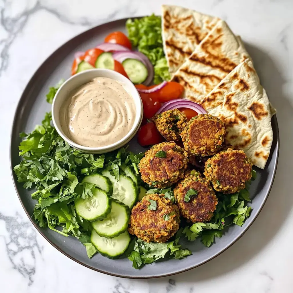 A plate of falafel garnished with fresh vegetables like cucumbers, tomatoes, and lettuce, accompanied by a portion of dipping sauce and pita bread.