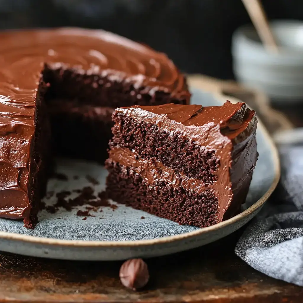 A slice of rich chocolate cake with layers of chocolate frosting is displayed on a plate, revealing its moist interior.