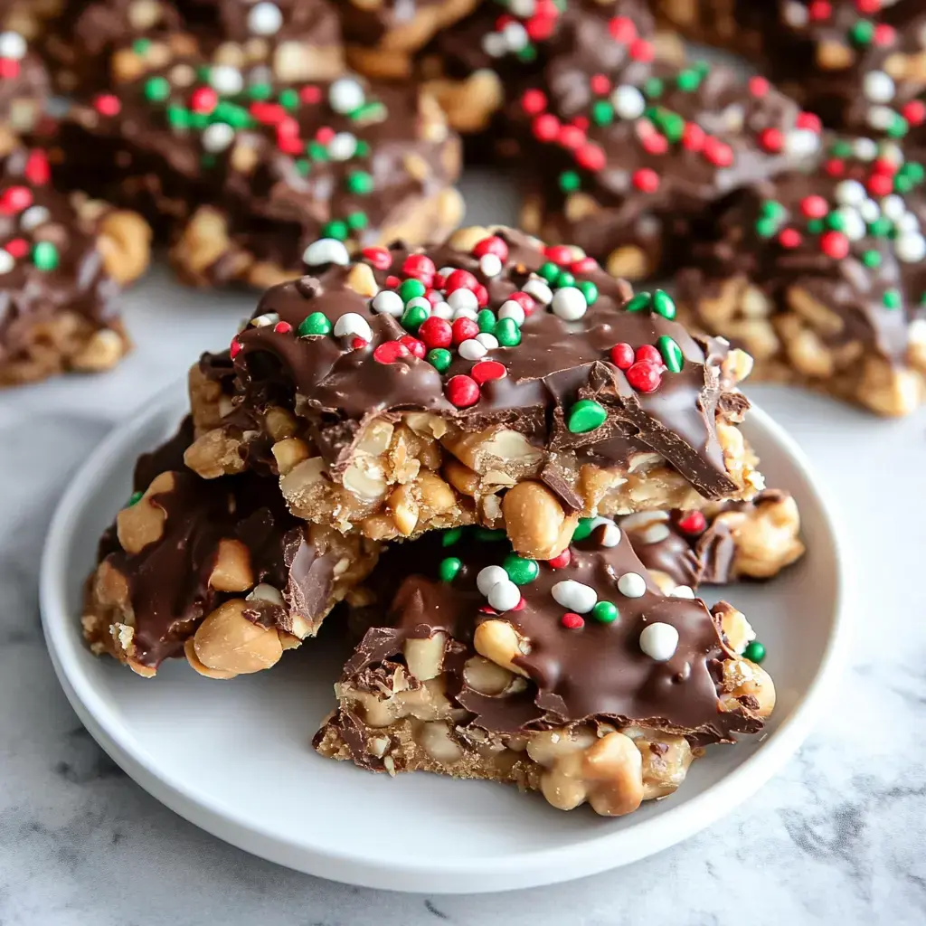 A close-up view of a plate stacked with chocolate-covered nut bars decorated with green, red, and white sprinkles.