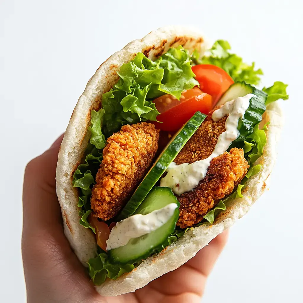 A hand holds a pita filled with lettuce, tomatoes, cucumbers, and crispy fried items, drizzled with sauce.