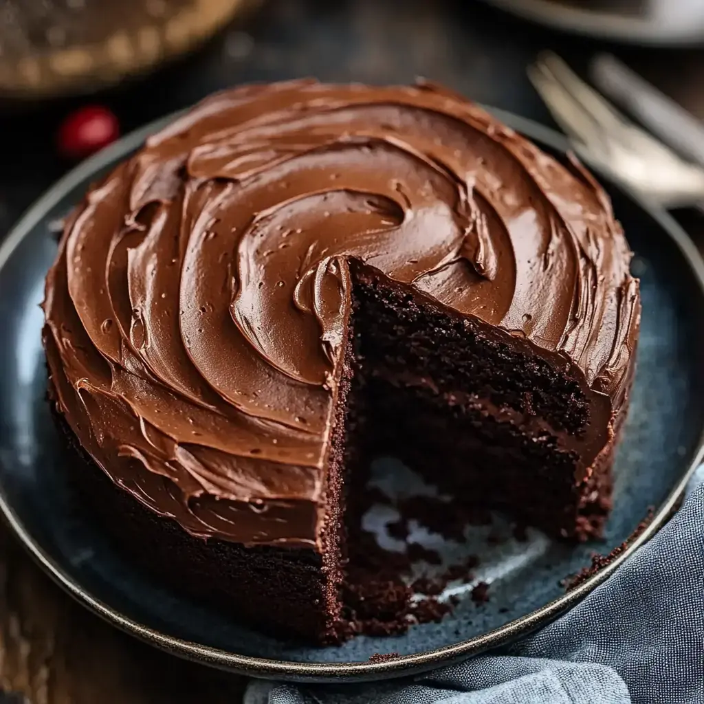 A chocolate cake with a swirl of frosting sits on a plate, with a slice cut out revealing its interior.