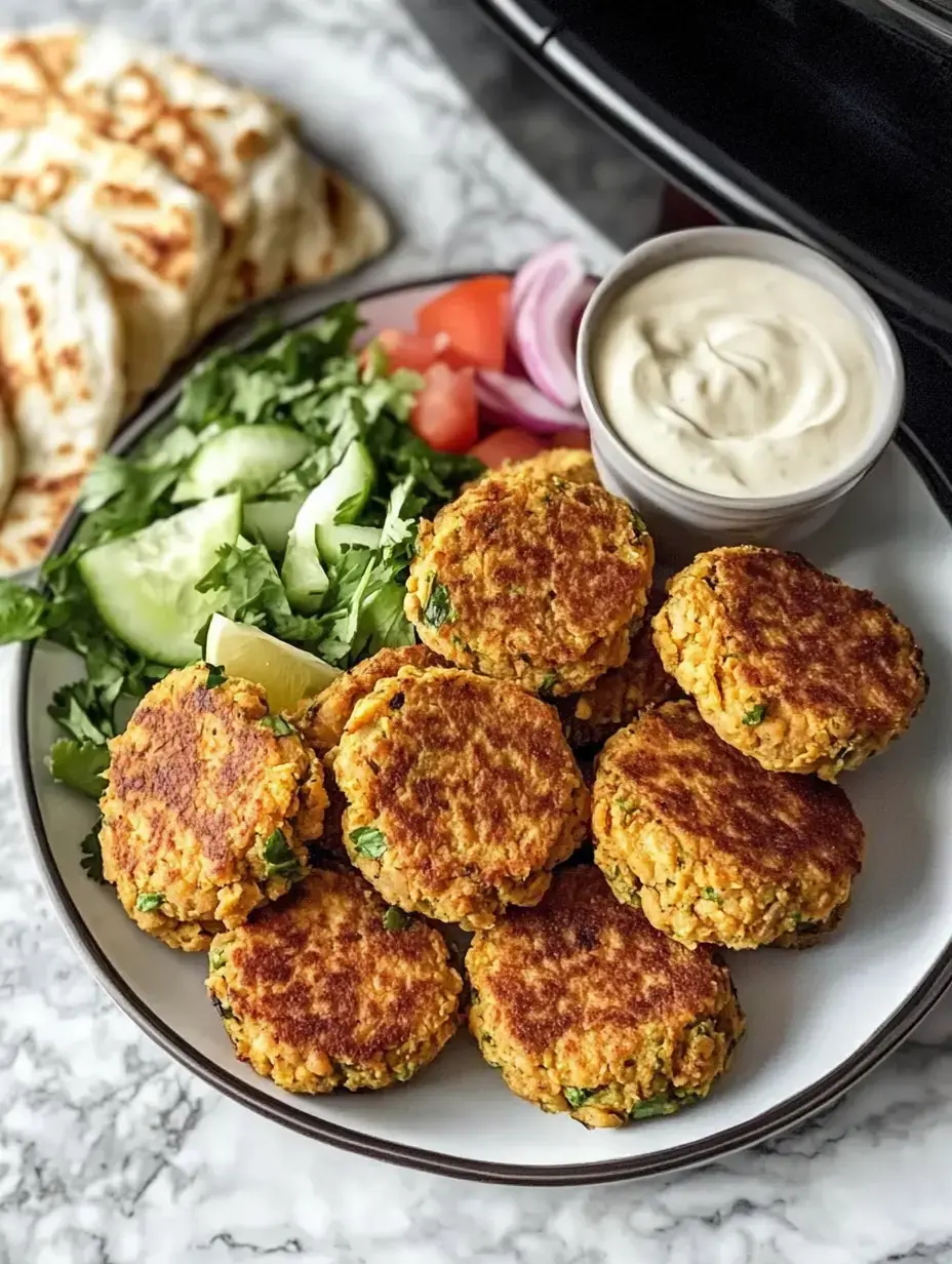 A plate of golden-brown falafel patties surrounded by fresh salad, sliced vegetables, pita bread, and a bowl of sauce.