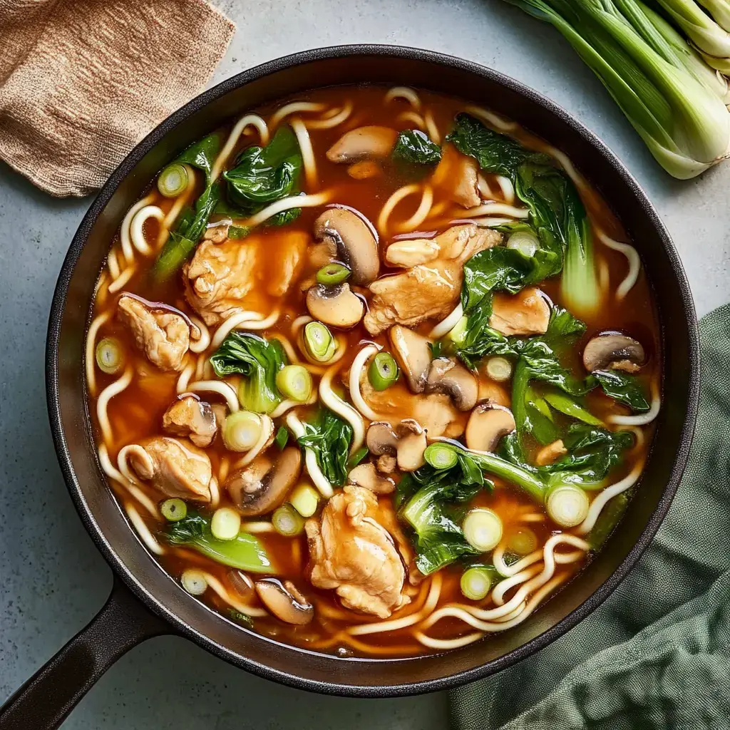 A bowl of chicken noodle soup with mushrooms, bok choy, and green onions in a savory broth.