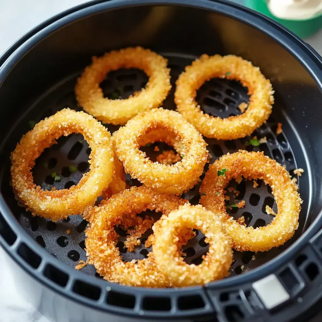 A close-up of golden-brown breaded onion rings arranged in an air fryer basket.