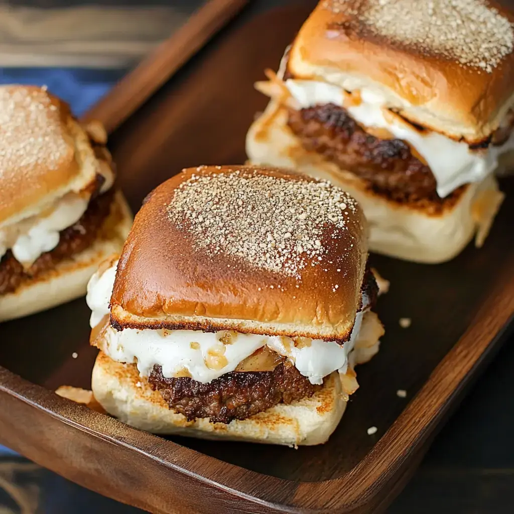 Three hearty sliders with a crispy patty, creamy sauce, and a toasted bun are arranged on a wooden platter.