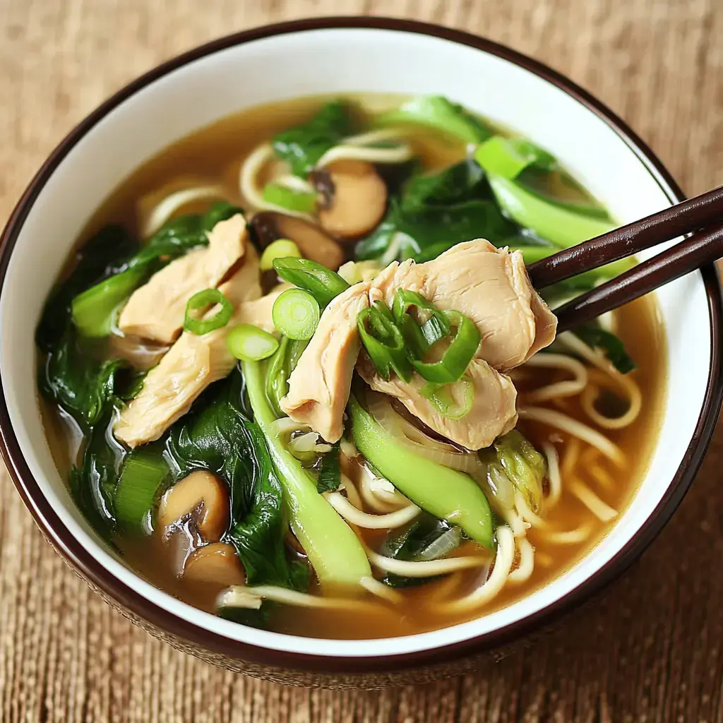 A bowl of chicken noodle soup with leafy greens, mushrooms, and sliced green onions, being held with chopsticks.