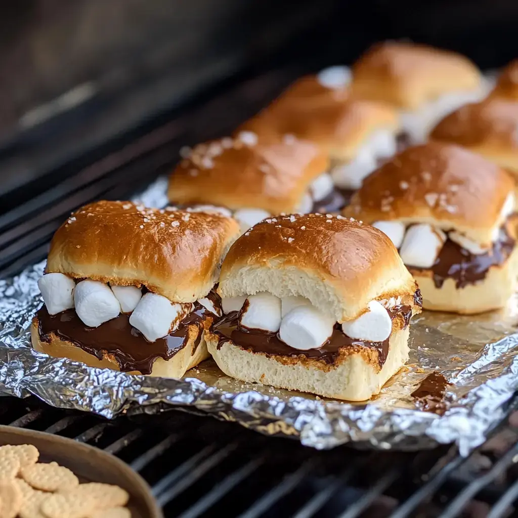 Grilled sandwich rolls filled with melted chocolate and marshmallows are arranged on a foil-lined grill.