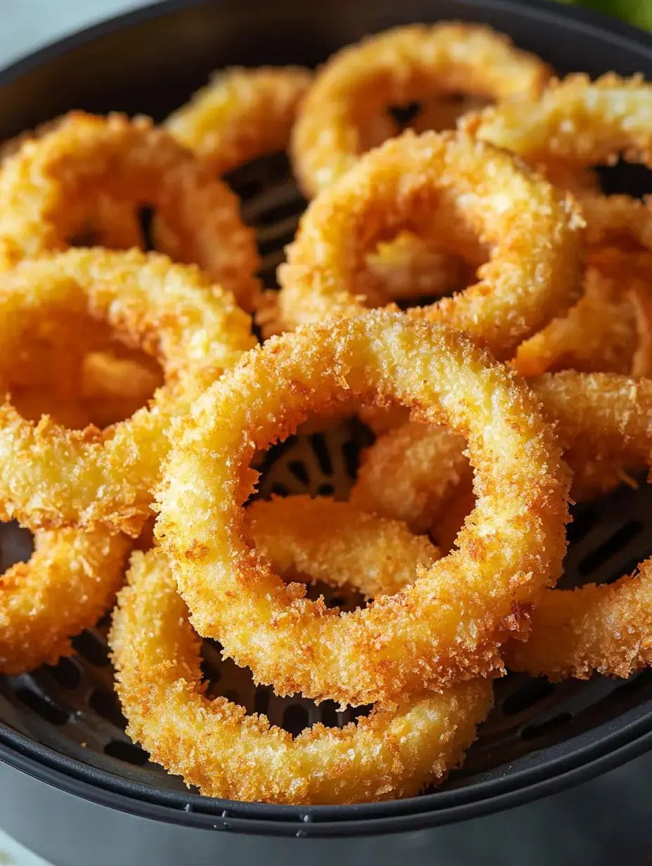 A close-up view of golden, crispy onion rings arranged in a black basket.