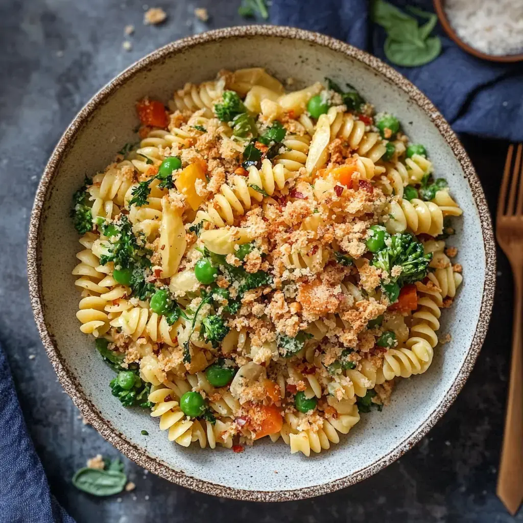 A bowl of fusilli pasta topped with breadcrumbs, mixed with vegetables like peas, broccoli, and bell peppers.