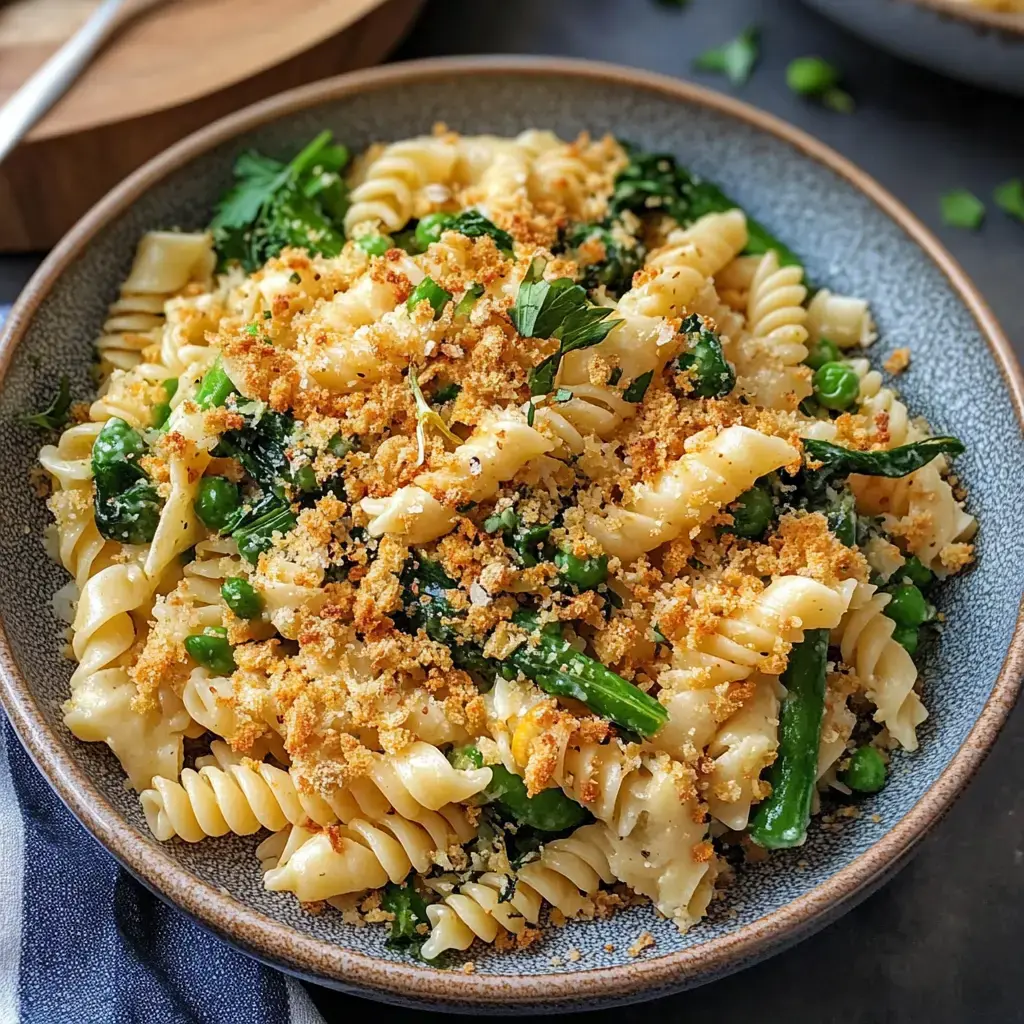 A bowl of pasta with fusilli, mixed greens, and peas, topped with golden breadcrumbs and fresh herbs.