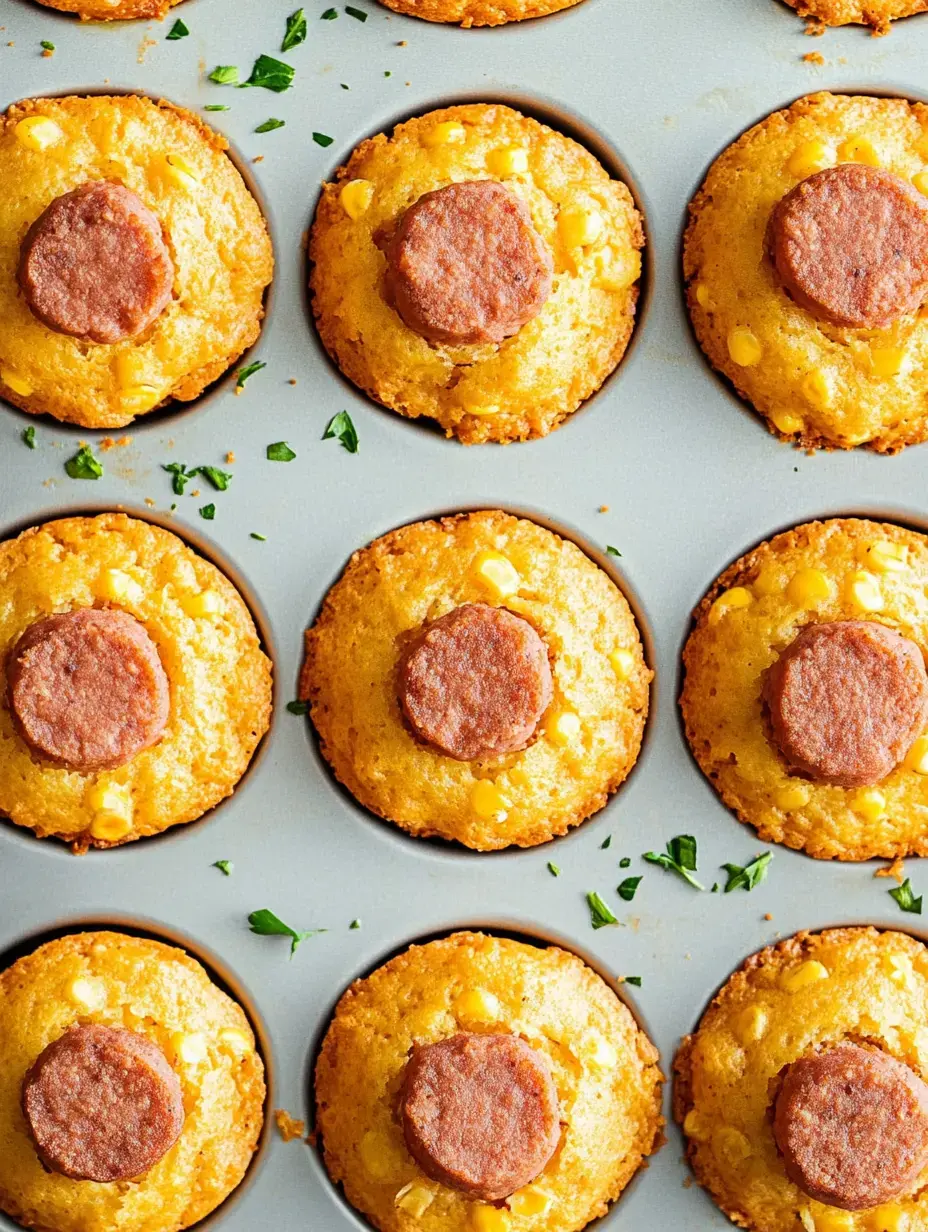 A close-up view of golden-brown cornbread muffins topped with slices of sausage and sprinkled with green herbs in a muffin tray.