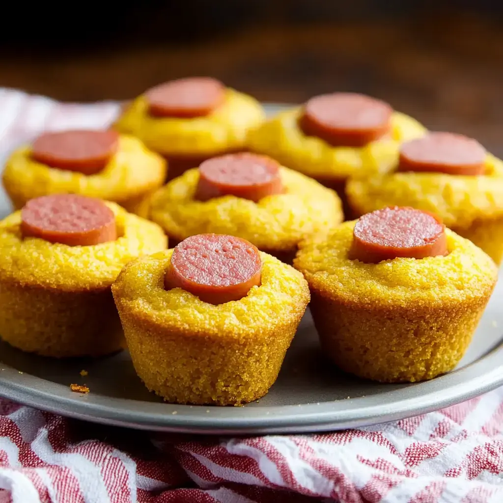 A plate of cornbread muffins topped with slices of hot dogs.