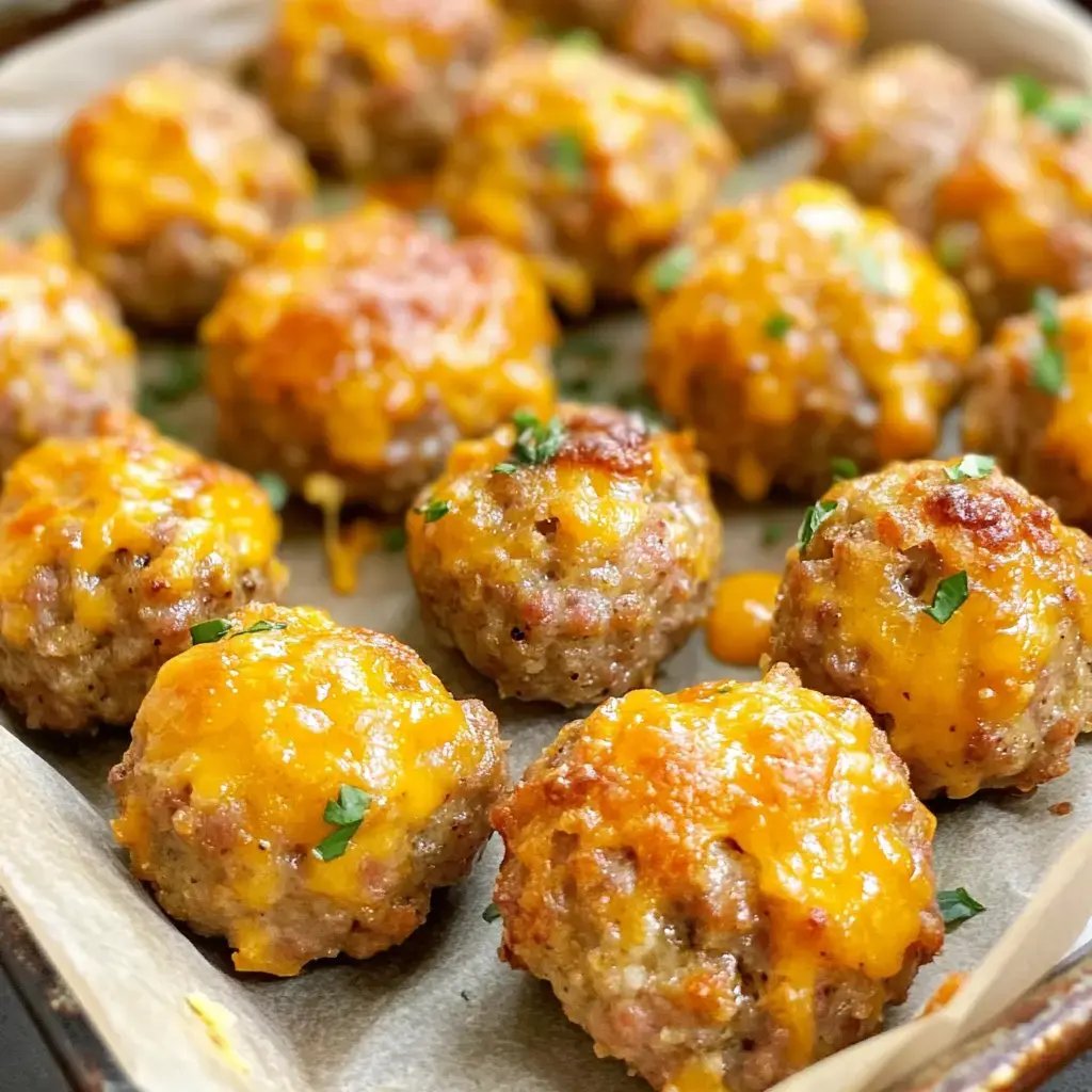 A close-up of golden-brown meatballs topped with melted cheddar cheese and garnished with parsley, arranged on a baking tray.