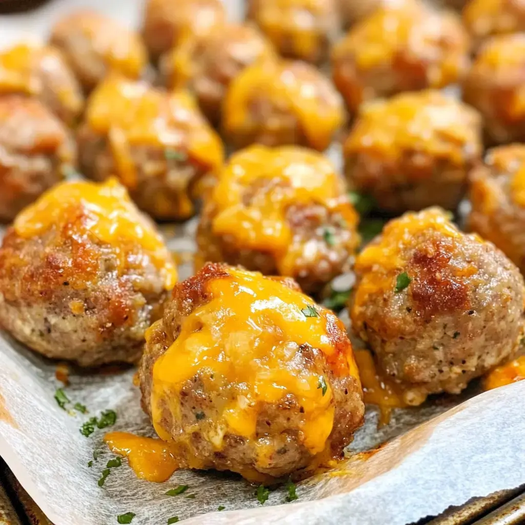 A close-up of golden-brown meatballs topped with melted cheddar cheese, arranged on parchment paper.