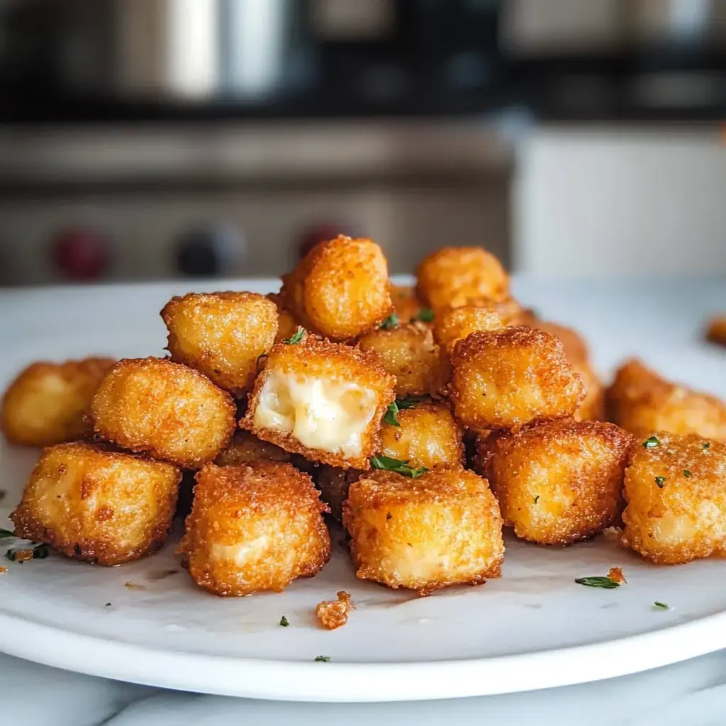 A plate of golden, crispy fried cheese cubes garnished with parsley.